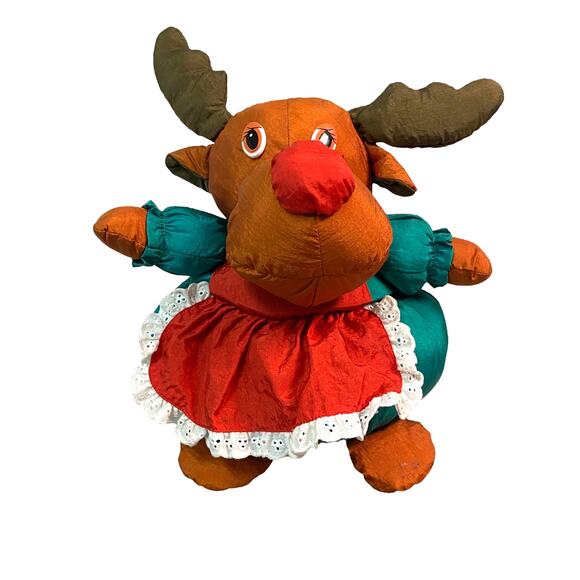 Vintage Puffalump Style Christmas Plush Rudolph Reindeer Bowl Keepsake Box - Picture 1 of 8